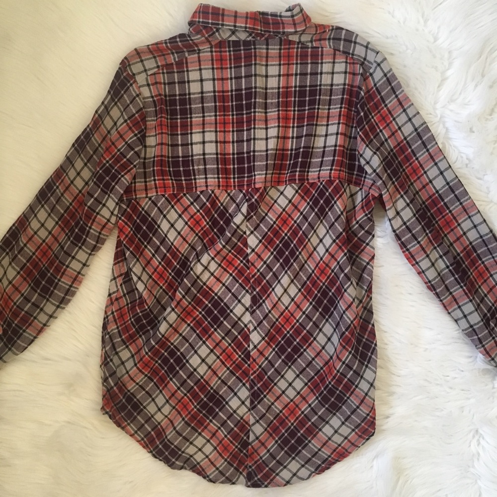 Free People Stitch Detail Plaid Red Purple Flannel Button Up - Picture 6 of 8